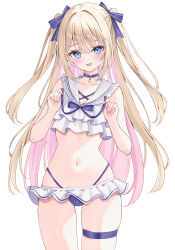 1girl absurdres bikini blonde_hair blue_bikini blue_bow blue_choker blue_eyes blue_panties blush bow choker collarbone flat_chest frilled_bikini frilled_skirt frills highleg highleg_panties highres long_hair looking_at_viewer microskirt multicolored_bikini multicolored_hair narrow_waist navel open_mouth panties pink_hair sailor_collar simple_background skindentation skirt smile solo suineco swimsuit thigh_strap two two_side_up underwear white_background white_bikini