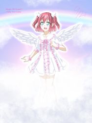 Rule 34 | 1girl, angel wings, aqua eyes, artist name, artist request, blue sky, blush, bow, bowtie, bracelet, breasts, center frills, clenched hand, cloud, collarbone, day, dress, female focus, frills, green eyes, hair between eyes, highres, jewelry, kurosawa ruby, looking at viewer, love live!, love live! sunshine!!, miniskirt, otohime 0219, outdoors, parted lips, pink bow, plaid, plaid dress, plaid skirt, pleated, pleated dress, pleated skirt, puffy short sleeves, puffy sleeves, rainbow, red hair, short hair, short sleeves, skirt, sky, smile, solo, standing, twintails, two side up, white dress, white skirt, white wings, wing hair ornament, wings