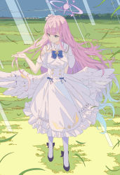 Rule 34 | 1girl, absurdres, arm at side, bad id, bad twitter id, black footwear, blue archive, capelet, closed mouth, dress, full body, grass, halo, hand up, high heels, highres, holding, holding hair, long hair, low wings, mika (blue archive), outdoors, pink hair, sailor collar, short sleeves, smile, solo, standing, thighhighs, white dress, white thighhighs, wind, wings, yellow eyes, yu yin
