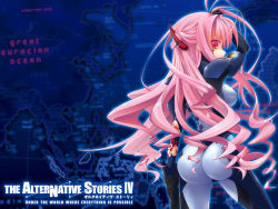 Rule 34 | 1girl, ass, bodysuit, character request, highres, long hair, looking back, luxin, muv-luv, muv-luv alternative, pilot suit, pink eyes, pink hair, skin tight, solo, wallpaper