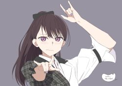 Rule 34 | 1girl, 3:, absurdres, bang dream!, bang dream! it&#039;s mygo!!!!!, belt, black bow, blush, bow, brown hair, cherry bomb (love live!), collared shirt, commentary, cosplay, double m/, embarrassed, grey background, hair bow, hayashi coco, high ponytail, highres, jacket, long hair, looking at viewer, love live!, love live! nijigasaki high school idol club, m/, mole, mole under eye, nail polish, raito taisha, shiina taki, shirt, simple background, solo, symbol-only commentary, translated, voice actor connection, yuki setsuna (love live!) (cosplay), yuuki setsuna (love live!)