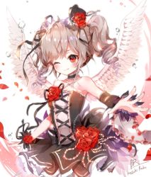 Rule 34 | 1girl, :q, b rock, bad id, bad pixiv id, bare shoulders, black choker, blush, character name, choker, closed mouth, commentary request, crib, detached sleeves, drill hair, feathered wings, flower, hair flower, hair ornament, hat, idolmaster, idolmaster cinderella girls, kanzaki ranko, looking at viewer, mini hat, one eye closed, red eyes, red flower, red rose, rose, signature, smile, solo, standing, tongue, tongue out, top hat, twin drills, twintails, white wings, wings