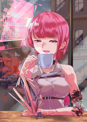 Rule 34 | 1girl, android, breasts, building, car crash, cup, damaged, earrings, electricity, fire, highres, holding, holding cup, holding saucer, holographic interface, indoors, jewelry, large breasts, long hair, mechanical parts, nail polish, open mouth, original, pink hair, pink nails, saucer, shirt, sleeveless, sleeveless shirt, solo, teacup, umino syachi s, upper body, window