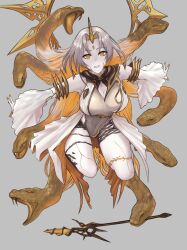 Rule 34 | 1girl, bare shoulders, blonde hair, breasts, covered navel, detached sleeves, dragon gami, fire emblem, fire emblem heroes, floating, grey background, grey hair, gullveig (fire emblem), highres, holding, holding weapon, horns, large breasts, long hair, looking at viewer, multicolored hair, nintendo, pale skin, parted bangs, simple background, single horn, snake, snake hair, solo, two-tone hair, very long hair, weapon, white sleeves, yellow eyes, yellow horns