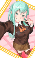 Rule 34 | 10s, 1girl, aqua eyes, aqua hair, arm up, ascot, blazer, blurry, breasts, brown jacket, brown skirt, buttons, collared shirt, colored eyelashes, depth of field, foreshortening, frilled skirt, frills, grin, hair ornament, hairclip, jacket, kantai collection, leg up, long hair, long sleeves, looking at viewer, looking up, medium breasts, outstretched arm, pleated skirt, poco (backboa), pointing, pointing at self, reaching, reaching towards viewer, school uniform, selfie, shirt, shoulder pads, signature, skirt, smile, solo, standing, standing on one leg, striped clothes, striped thighhighs, suzuya (kancolle), tareme, teeth, thighhighs, wing collar, zettai ryouiki