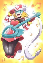Rule 34 | 1girl, blonde hair, blush, boots, bracelet, breasts, capcom, gloves, green eyes, guitar, harp note (mega man), heart, helmet, highres, holding, holding instrument, instrument, jewelry, legs together, mega man (series), mega man star force, musical note, nobuyu (77yusei), open mouth, scarf, short hair, simple background, small breasts, smile, solo, sonia strumm (mega man), white scarf
