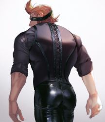 Rule 34 | 1boy, alternate costume, back, bara, brown hair, eyepatch, formal, from behind, hair slicked back, highres, latex pants, leather, leather pants, long sideburns, looking at viewer, looking back, male focus, mask, muscular, muscular male, one piece, pants, short hair, sideburns, sleeves rolled up, solo, spiked hair, standing, x drake, yonekura naoyasu