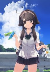 Rule 34 | 1girl, :o, ahoge, bag, bag charm, black hair, black skirt, blue sky, bottle, bow, breasts, brown eyes, brown hairband, charm (object), cloud, cloudy sky, collared shirt, commentary request, day, dress shirt, green bow, hair flaps, hairband, holding, holding bottle, long hair, natsuki teru, original, outdoors, parted lips, pleated skirt, railing, school bag, shikibe ayaka, shirt, short sleeves, sidelocks, signature, skirt, sky, small breasts, solo, standing, sweat, white shirt