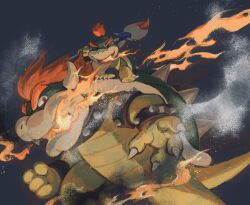 Rule 34 | 2boys, armlet, bandana, bowser, bowser jr., bracelet, breath weapon, breathing fire, claws, collar, commentary request, father and son, fire, grey background, holding, holding paintbrush, horns, jewelry, looking at viewer, male focus, mario (series), multiple boys, nintendo, open mouth, paintbrush, red eyes, red hair, rinabee (rinabele0120), sharp teeth, simple background, smile, smoke, spiked armlet, spiked bracelet, spiked collar, spiked shell, spikes, standing, teeth, topknot, turtle shell, v-shaped eyebrows, white bandana