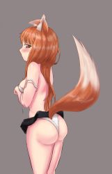 Rule 34 | 1girl, animal ears, black skirt, blush, bra, breasts, cowboy shot, grey background, highres, holo, legs together, long hair, looking at viewer, looking back, open bra, orange eyes, orange hair, panties, sideboob, simple background, skirt, skirt around belly, small breasts, solo, spice and wolf, standing, tail, underwear, very long hair, white bra, white panties, wolf ears, wolf girl, wolf tail