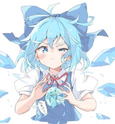 Rule 34 | 1girl, ahoge, blue bow, blue eyes, blue hair, blue vest, bow, cirno, closed mouth, collared shirt, cryokinesis, detached wings, dot nose, flat chest, frog, hair between eyes, hair bow, half-closed eye, ice, ice wings, light blue hair, looking at viewer, nankotsu, neck ribbon, puffy short sleeves, puffy sleeves, red ribbon, ribbon, shirt, short hair, short sleeves, solo, speech bubble, sweatdrop, touhou, translated, upper body, vest, wavy mouth, white background, white shirt, wings