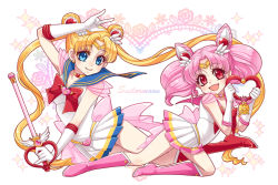 Rule 34 | 2girls, :d, bad id, bad pixiv id, bishoujo senshi sailor moon, bishoujo senshi sailor moon supers, blonde hair, blue eyes, blue sailor collar, boots, bow, brooch, chibi usa, choker, cone hair bun, copyright name, crystal carillon, double bun, elbow gloves, full body, gloves, hair bun, hair ornament, hairpin, heart, heart brooch, jewelry, kaleidomoon scope, knee boots, long hair, m/, magical girl, multicolored clothes, multicolored skirt, multiple girls, nightcat, open mouth, pink footwear, pink hair, pleated skirt, red bow, red eyes, ribbon, sailor chibi moon, sailor collar, sailor moon, sailor senshi, short hair, skirt, smile, super sailor chibi moon, super sailor moon, symmetry, tiara, tsukino usagi, twintails, white gloves