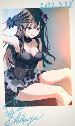 Rule 34 | 1girl, :d, absurdres, arm up, armpits, black dress, black gloves, black hair, bloom into me15, breasts, collarbone, dated, dress, earrings, feet out of frame, flower, frilled dress, frills, gloves, green eyes, hair flower, hair ornament, highres, idol, idolmaster, idolmaster cinderella girls, jewelry, medium breasts, open mouth, photo (object), shibuya rin, signature, smile, straight hair, stud earrings, thighs