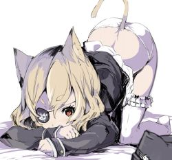 Rule 34 | animal ears, ass, cat ears, cat tail, character request, commentary, copyright request, covered mouth, eyepatch, frilled thighhighs, frills, no shoes, panties, skull and crossbones, solo, sumisu (mondo), tail, thick eyebrows, thighhighs, top-down bottom-up, underwear