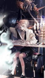 Rule 34 | 2boys, androgynous, avicebron (fate), bad source, blonde hair, blue eyes, cable, candle, candlelight, candlestand, fate/apocrypha, fate (series), long sleeves, male focus, mask, molatoliamu, multiple boys, official art, roche frain yggdmillennia, second-party source, shirt, short hair, socks, solo, striped clothes, striped shirt, vertical-striped clothes, vertical-striped shirt, white socks, yggdmillennia