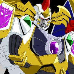 Rule 34 | 1boy, black background, decepticon, galvatron, grinding, horns, hufuhao, insignia, looking at viewer, male focus, mecha, no humans, red eyes, robot, simple background, solo, teeth, transformers, transformers car robots, upper body