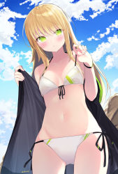 Rule 34 | 1girl, bare shoulders, bikini, black jacket, blonde hair, breasts, cloud, collarbone, cowboy shot, day, front-tie bikini top, front-tie top, green eyes, groin, halterneck, halterneck, hands up, highres, jacket, long hair, looking at viewer, navel, off shoulder, open clothes, open jacket, original, outdoors, parted lips, sasahara wakaba, side-tie bikini bottom, sky, small breasts, solo, standing, stomach, strap pull, string bikini, swimsuit, thighs, white bikini, wristband