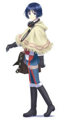 Rule 34 | 00s, 1girl, bag, black footwear, blue eyes, blue hair, boots, darcsen, full body, fur boots, fur trim, gloves, headphones, headphones around neck, highres, isara gunther, juu ho, knee boots, looking at viewer, map, matching hair/eyes, profile, satchel, senjou no valkyria (series), shawl, short hair, skirt, smile, solo, striped clothes, striped thighhighs, thighhighs, walking, white background, wrench, zettai ryouiki