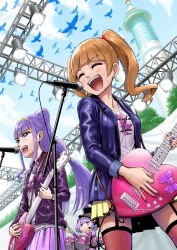 Rule 34 | 3girls, :d, aisaki emiru, bird, black headwear, blue jacket, blunt bangs, bracelet, brown hair, day, floating hair, from below, garter straps, guitar, hair bun, hairband, hat, highres, holding, holding instrument, hugtto! precure, instrument, itou shin&#039;ichi, jacket, jewelry, long hair, long sleeves, microphone stand, miniskirt, multiple girls, music, nail polish, open clothes, open jacket, open mouth, outdoors, pink skirt, playing instrument, pleated skirt, ponytail, precure, print shirt, purple eyes, purple hair, purple jacket, purple nails, red legwear, ruru amour, shirt, singing, single hair bun, skirt, smile, standing, thighhighs, twintails, white shirt, yellow skirt