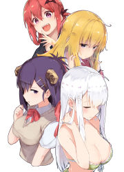 Rule 34 | 4girls, absurdres, ahoge, bare shoulders, bat hair ornament, bikini, black hair, black shirt, blonde hair, blue eyes, bow, bowtie, breasts, cardigan, cleavage, closed eyes, collarbone, collared shirt, commentary request, cross hair ornament, demon horns, gabriel dropout, gabriel tenma white, green bikini, hair between eyes, hair ornament, hair ribbon, hair rings, highres, horns, large breasts, long hair, looking at viewer, looking to the side, loose necktie, medium hair, messy hair, multiple girls, necktie, open collar, open mouth, pink cardigan, purple eyes, raphiel shiraha ainsworth, red hair, red neckwear, red ribbon, ribbon, satanichia kurumizawa mcdowell, school uniform, shirt, short sleeves, silver hair, sweater vest, swimsuit, ttr41328, upper body, vignette tsukinose april, white background, white shirt, x hair ornament
