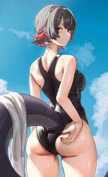 1girl absurdres ass bare_shoulders black_hair black_one-piece_swimsuit blue_sky breasts cloud colored_inner_hair commentary cowboy_shot day ellen_joe fins fish_tail highres looking_at_viewer medium_breasts multicolored_hair one-piece_swimsuit red_eyes red_hair shark_tail sky solo standing swimsuit tail thighs yami_anko zenless_zone_zero