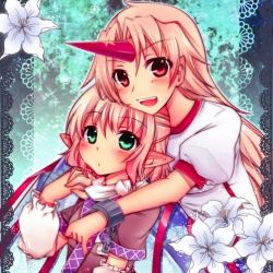 Rule 34 | 2girls, amagumo, arm warmers, blonde hair, blush, chain, cuffs, female focus, flower, green eyes, holding hands, head rest, horns, hoshiguma yuugi, hug, hug from behind, interlocked fingers, lily (flower), long hair, looking at viewer, lowres, mizuhashi parsee, multiple girls, open mouth, pointy ears, puffy sleeves, red eyes, scarf, shirt, short sleeves, single horn, smile, touhou, yuri