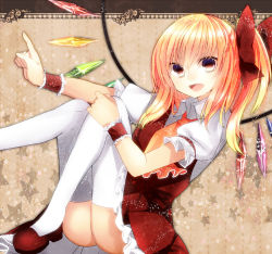 Rule 34 | 1girl, ascot, bad id, bad pixiv id, blonde hair, bow, embodiment of scarlet devil, female focus, flandre scarlet, hair bow, highres, no headwear, no headwear, no panties, open mouth, red eyes, short hair, side ponytail, solo, thighhighs, touhou, tsukiriran, white thighhighs, wings, wrist cuffs