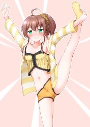 Rule 34 | 1girl, ahoge, armpits, blush, breasts, brown hair, closed mouth, collarbone, faubynet, green eyes, groin, hair between eyes, hair ornament, hair scrunchie, highres, holding own foot, hololive, leg up, legs, long sleeves, looking at viewer, medium hair, natsuiro matsuri, natsuiro matsuri (matsuri&#039;s day off), navel, official alternate costume, open clothes, open shirt, orange shorts, pajamas, ribbon, scrunchie, shorts, side ponytail, simple background, smile, socks, solo, standing, standing on one leg, virtual youtuber