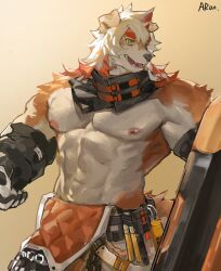 Rule 34 | 1boy, abs, arknights, artist name, bara, colored tips, furry, furry male, gloves, highres, holding, holding shield, horns, hung (arknights), looking to the side, male focus, multicolored hair, open mouth, pectorals, run (arun six), shield, shirt, single horn, solo, topless male, turtleneck