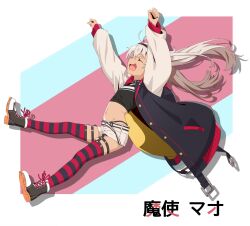 1girl akitetsu arms_up black_panties boots character_name closed_eyes crop_top dark-skinned_female dark_skin flat_chest floating_hair full_body garter_straps grey_hair highres jacket jumping long_hair matsukai_mao navel nijisanji open_clothes open_jacket open_mouth panties panty_straps short_shorts shorts smile solo striped_clothes striped_thighhighs thighhighs translation_request twintails underwear virtual_youtuber