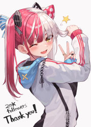 Rule 34 | 1girl, absurdres, black bow, blue bow, bow, fang, highres, holding, holding own hair, hood, hooded jacket, jacket, long hair, long sleeves, looking at viewer, multicolored bow, multicolored hair, myung yi, one eye closed, open mouth, original, pink bow, pink hair, polka dot, polka dot bow, simple background, skin fang, smile, solo, split-color hair, star (symbol), striped, striped bow, thank you, twintails, two-tone hair, white background, white hair, white jacket, yellow eyes