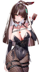 Rule 34 | 1girl, absurdres, ace (playing card), ace of hearts, animal ear fluff, animal ears, black choker, blunt bangs, breasts, brown hair, brown pantyhose, card, choker, cowboy shot, fishnet pantyhose, fishnets, gloves, heart, highres, holding, holding card, large breasts, leotard, long hair, looking at viewer, lumium, original, pantyhose, partially fingerless gloves, playboy bunny, playing card, rabbit ears, simple background, solo, standing, strapless, strapless leotard, thigh strap, white background, yellow eyes