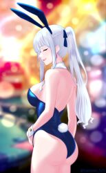 Rule 34 | 1girl, ak-12 (girls&#039; frontline), alternate costume, animal ears, ass, blue leotard, blue ribbon, blurry, blurry background, braid, breasts, closed eyes, commentary, cowboy shot, detached collar, earrings, english commentary, fake animal ears, fake tail, french braid, girls&#039; frontline, hair ribbon, highres, jewelry, large breasts, leotard, long hair, parted lips, pink lips, playboy bunny, ponytail, rabbit ears, rabbit tail, ribbon, samsam s2s, sideboob, sidelocks, smile, solo, tail, white hair, wrist cuffs