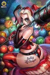 Rule 34 | 1girl, ass, ass tattoo, ball, batman (series), blood, body writing, corset, dc comics, elbow gloves, facepaint, gloves, harley quinn, highres, multicolored hair, over shoulder, reiq, short shorts, shorts, sitting, smile, solo, tattoo, thighhighs, twintails, two-tone hair, weapon, weapon over shoulder