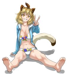 Rule 34 | 1girl, animal ears, bare legs, barefoot, bikini, blonde hair, blue hoodie, commentary request, drawstring, feet, flower, foreshortening, highres, hood, hood down, hoodie, kemono friends, kemono friends 3, lion (kemono friends), lion ears, lion girl, lion tail, looking at viewer, midriff, navel, official alternate costume, open clothes, open hoodie, short hair, sitting, smile, soles, solo, swimsuit, tail, tanabe (fueisei), toes, v, white bikini, yellow eyes