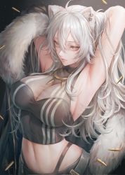 Rule 34 | 1girl, ahoge, animal ears, armpits, arms behind head, arms up, breasts, bullet, cleavage, commentary request, earrings, feather boa, hama guri, highres, hololive, jewelry, large breasts, lips, looking at viewer, midriff, navel, see-through, see-through cleavage, shishiro botan, shishiro botan (1st costume), simple background, sleeveless, solo, stomach, upper body, virtual youtuber, white hair
