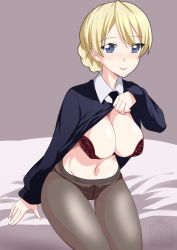 Rule 34 | 10s, 1girl, arm support, bed sheet, black bra, black necktie, black panties, blonde hair, blue eyes, blue sweater, bra, braid, breasts, cleavage, closed mouth, clothes lift, collared shirt, commentary, darjeeling (girls und panzer), dress shirt, girls und panzer, grey background, highres, ichijou takakiyo, large breasts, lifting own clothes, long sleeves, looking at viewer, navel, necktie, no pants, on bed, panties, panties under pantyhose, pantyhose, school uniform, shirt, shirt lift, short hair, sitting, smile, solo, st. gloriana&#039;s school uniform, sweater, thigh gap, thighs, twin braids, underwear, v-neck, watermark, white shirt, wing collar