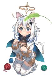 Rule 34 | 1girl, absurdres, animal ears, bandaged leg, bandages, blue eyes, blush, capelet, cat ears, cat girl, cat tail, cat teaser, closed mouth, dress, genshin impact, hair between eyes, hair ornament, hairclip, halo, highres, kemonomimi mode, kneeling, long sleeves, looking at viewer, medium hair, paimon (genshin impact), ranf, solo, tail, thighhighs, white background, white hair, yarn, yarn ball