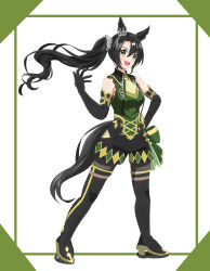 1girl :d absurdres animal_ears black_footwear black_gloves black_hair black_pantyhose black_shorts black_suspenders blush boots breasts commentary ear_through_crown elbow_gloves full_body gloves green_eyes green_sweater hair_between_eyes high_heel_boots high_heels highres horse_ears horse_girl horse_tail ke_(pixiv_84996172) long_hair looking_at_viewer medium_breasts multicolored_hair necktie open_mouth pantyhose ribbed_sweater satono_crown_(umamusume) shorts side_ponytail simple_background sleeveless sleeveless_sweater smile solo streaked_hair sweater tail thigh_boots umamusume white_background white_hair yellow_necktie