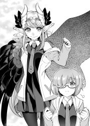 Rule 34 | 2girls, :t, absurdres, black dress, blush, breasts, circe (fate), closed mouth, cosplay, dress, fate/grand order, fate (series), feathered wings, glasses, greyscale, head wings, highres, ichihara kazuma, jacket, jewelry, long hair, looking at viewer, mash kyrielight, mash kyrielight (cosplay), monochrome, multiple girls, necktie, open mouth, pantyhose, pointy ears, pout, short hair, smile, wings