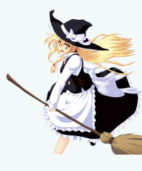 Rule 34 | 1girl, 47agdragon, blonde hair, blue background, broom, female focus, hat, highres, kirisame marisa, long hair, looking at viewer, open mouth, simple background, solo, touhou, witch hat, yellow eyes