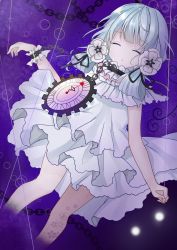 Rule 34 | #compass, 1girl, black ribbon, blue hair, blunt bangs, chain, clock, closed eyes, commentary, coquelicot blanche, doko ka no hosono, dress, feet out of frame, floral print, flower, hair ribbon, highres, long hair, open mouth, purple background, ribbon, solo, white dress, white flower, wrist cuffs
