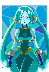 Rule 34 | 1girl, bare shoulders, blue skin, bodysuit, border, breasts, colored skin, dragon ball, dragon ball heroes, gloves, green bodysuit, green eyes, green hair, highres, lagss (dragon ball), long hair, looking at viewer, medium breasts, outside border, parted bangs, purple gloves, shin (mrgt2288), sleeveless, sleeveless bodysuit, solo, taut clothes, triangle mouth, twintails, white border