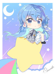Rule 34 | 1girl, aran sweater, blue eyes, blue hair, blush, cable knit, cardigan, chibi, chibi only, choppy bangs, colored inner hair, commentary request, from side, full body, grey cardigan, hair between eyes, hair bun, highres, hololive, hoshimachi suisei, hoshimachi suisei (school uniform), long hair, looking at viewer, momone cco, multicolored hair, official alternate costume, official alternate hairstyle, parted lips, sailor collar, school uniform, serafuku, side up bun, signature, single side bun, sitting, skirt, solo, star (symbol), star in eye, sweater, symbol in eye, virtual youtuber, white sailor collar, white serafuku, white skirt