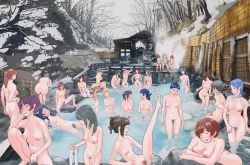 Rule 34 | 1boy, 6+girls, animated, anus, bathhouse, bathing, blonde hair, blue hair, blush, breasts, brown hair, completely nude, erection, exhibitionism, grey hair, highres, leg up, legs apart, medium breasts, mixed-sex bathing, multiple girls, murphy, nipples, nude, onsen, partially submerged, peeing, pubic hair, public indecency, pussy, shared bathing, sitting, smile, snow, squatting, standing, steam, talking, translation request, tree, twitching penis, uncensored, video, winter