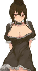 Rule 34 | 1girl, absurdres, arms behind back, black choker, black dress, breasts, brown hair, choker, closed mouth, cowboy shot, dress, girls und panzer, hair between eyes, highres, large breasts, looking at viewer, necro (nekurodayo), nishizumi maho, puffy short sleeves, puffy sleeves, red eyes, short sleeves, simple background, slit pupils, solo, standing, white background