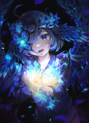 Rule 34 | 1girl, absurdres, ahoge, black background, blue butterfly, blue eyes, blue flower, blue hair, blue nails, blue shirt, blue theme, blue wings, blush, bug, butterfly, collared shirt, commentary request, crossed arms, dress shirt, fang, feathered wings, flower, hair flower, hair ornament, hair over one eye, hands up, head wings, highres, huge filesize, insect, long sleeves, looking at viewer, mirage (rairudiseu), nail polish, open mouth, original, paint splatter, paint splatter on face, shirt, short hair, skin fang, solo, upper body, wings