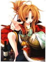 Rule 34 | 1girl, absurdres, ahoge, alcohol, barefoot, brown hair, cup, female focus, highres, oda nobuna, oda nobuna no yabou, official art, ponytail, solo, white background, wine