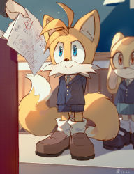 Rule 34 | 1boy, 1girl, absurdres, animal nose, arms behind head, blue eyes, brown eyes, c52278, classroom, closed mouth, cream the rabbit, fox boy, furry, furry female, furry male, highres, jacket, multiple tails, rabbit girl, shoes, shorts, smile, sonic (series), tail, tails (sonic), test score, two tails