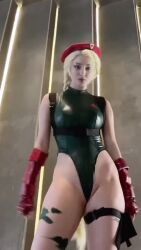 Rule 34 | 1girl, animated, ass, ass focus, audible music, bare shoulders, blonde hair, braid, breasts, cammy white, cammy white (cosplay), cosplay, fighting stance, green leotard, hat, highleg, highleg leotard, highres, hologana (cosplayer), large breasts, leotard, long hair, lying, photo (medium), punching, real life, sleeveless, sound, street fighter, thong leotard, twin braids, video, walking